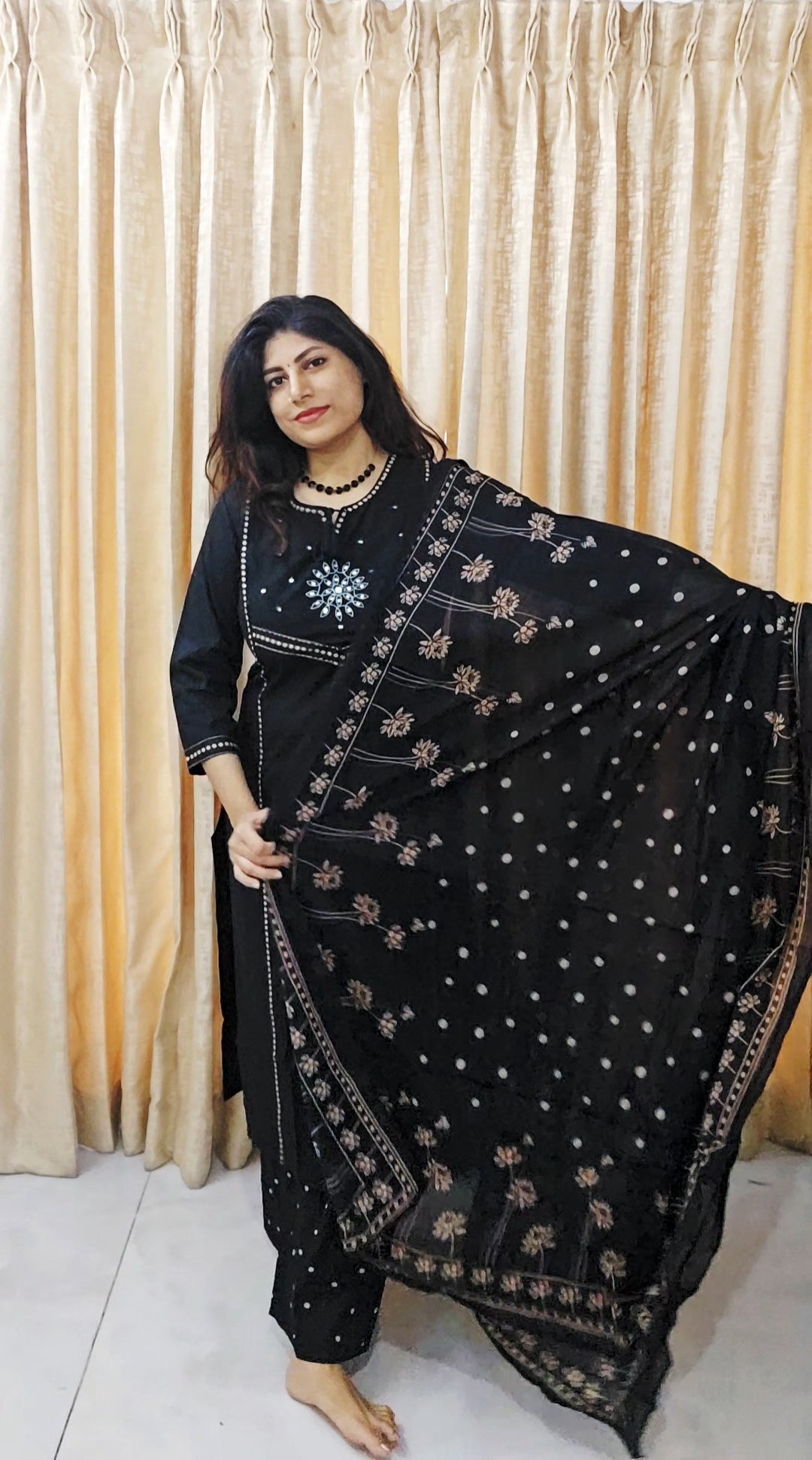Black Jaipur Cotton Suit Set with Foil Mirror Work - Image 3
