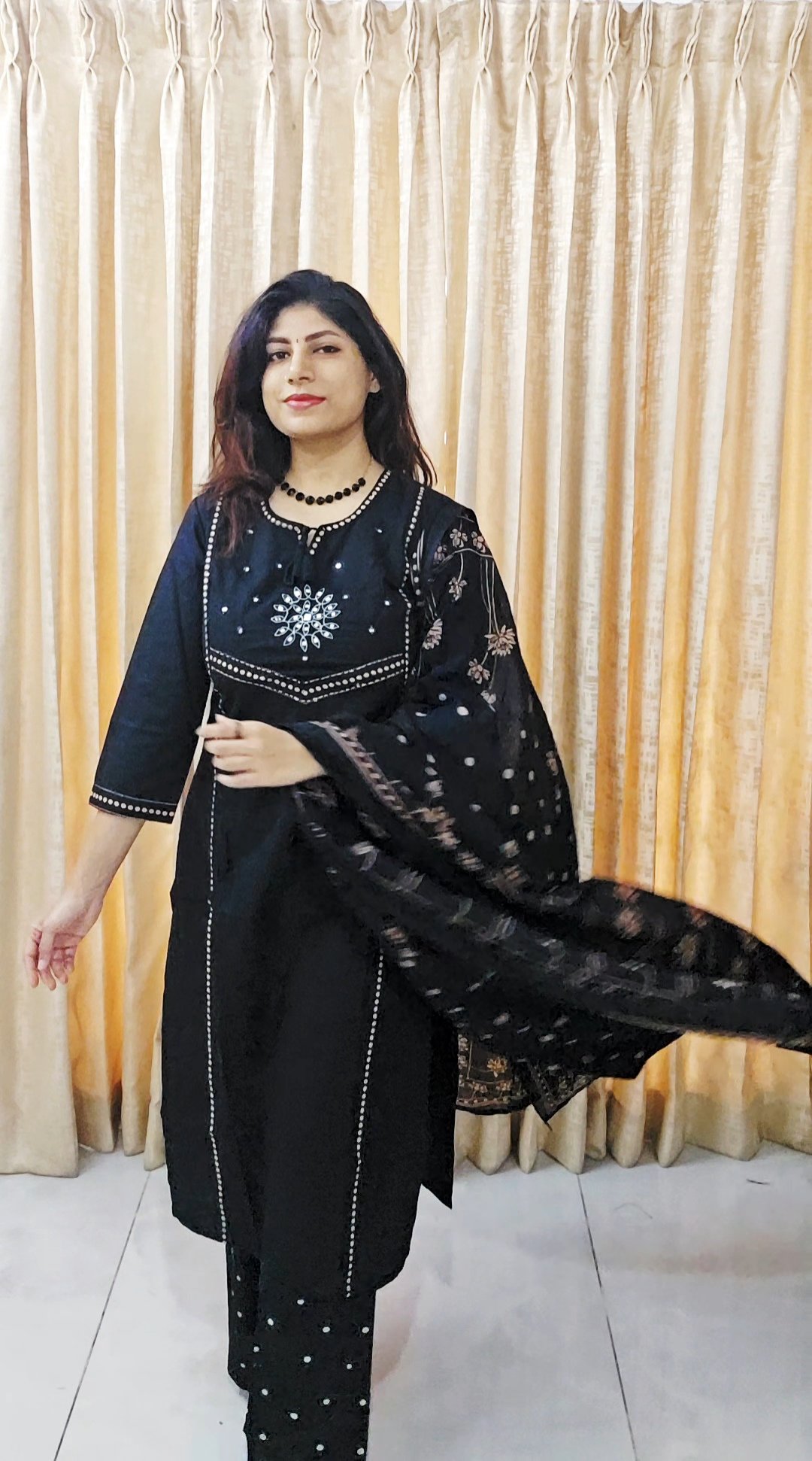 Black Jaipur Cotton Suit Set with Foil Mirror Work - Image 6