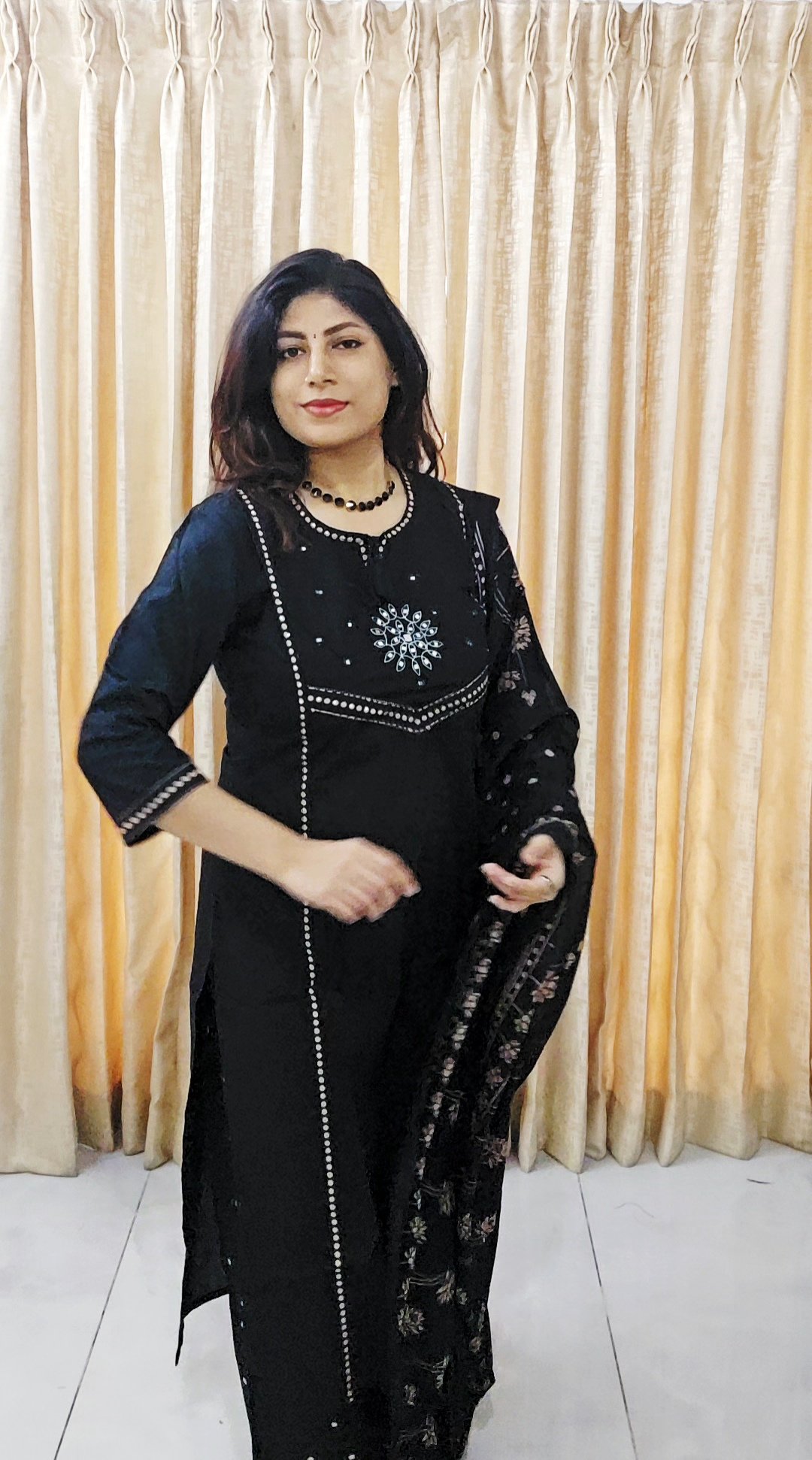 Black Jaipur Cotton Suit Set with Foil Mirror Work - Image 5
