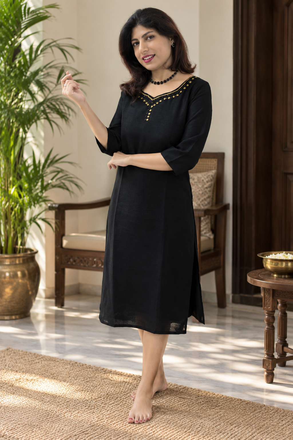 Elegant Black Semi-Silk Handworked Kurta - Image 3