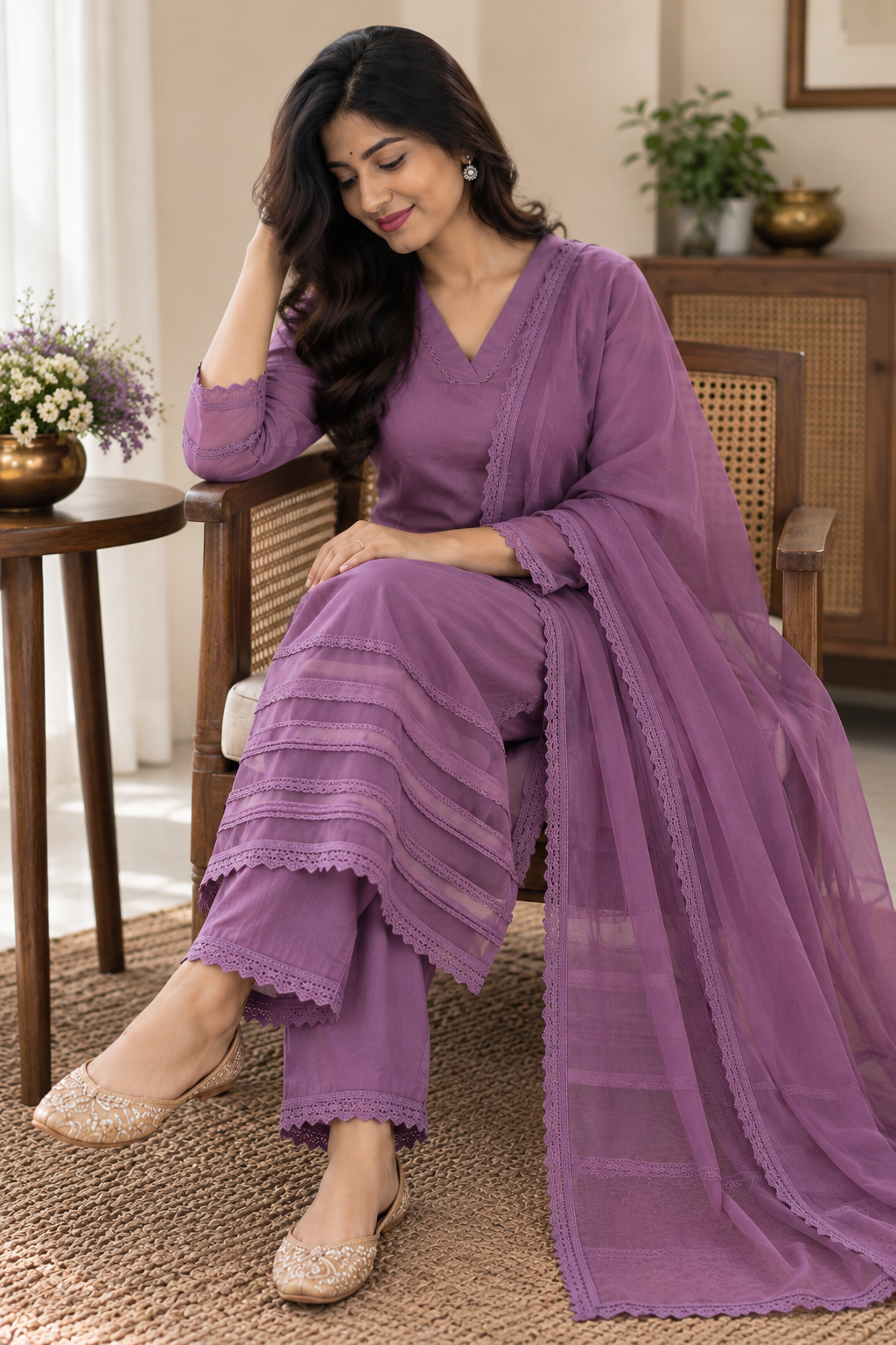 Muslin Silk Suit Set with Organza Detailing - Image 3
