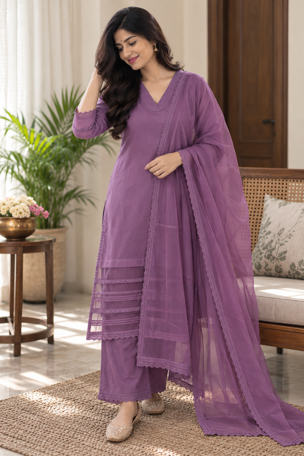 Muslin Silk Suit Set with Organza Detailing - Image 2