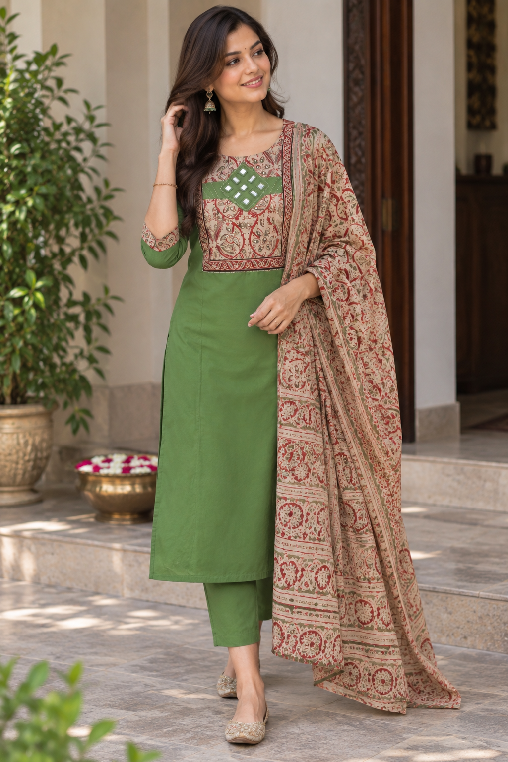 Green Cotton Suit Set with Kalamkari Dupatta - Image 3