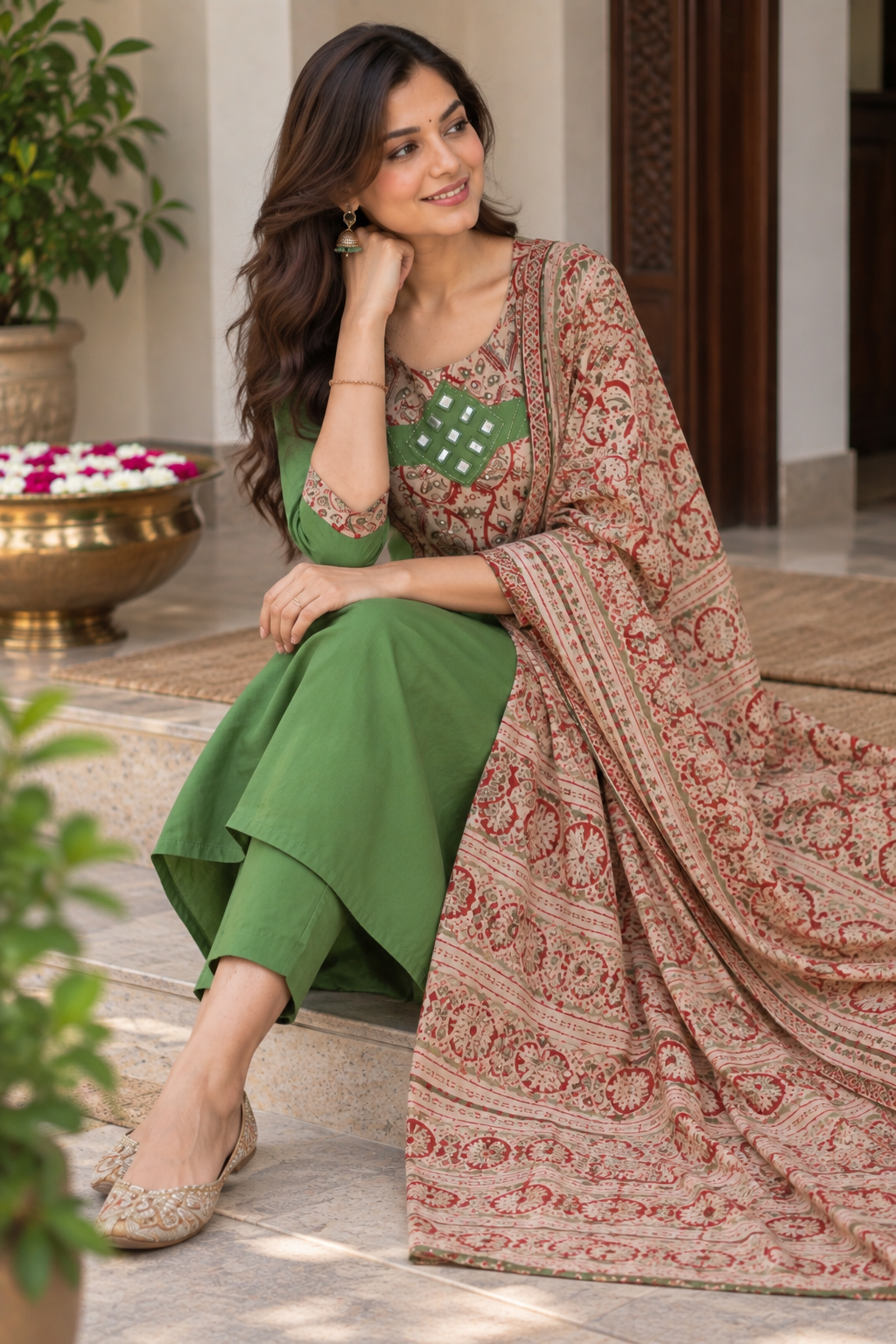 Green Cotton Suit Set with Kalamkari Dupatta - Image 2