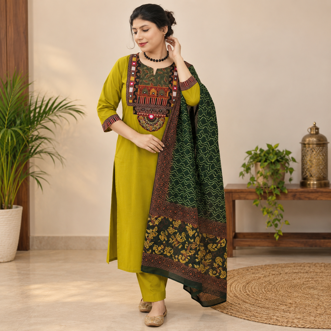 Soft Cotton Embroidered Suit Set with Printed Dupatta