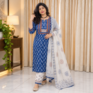 Blue Cotton Kurta Set with Embroidered Kota Dupatta