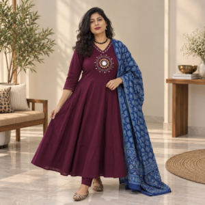 Anarkali Suit Set with Real Mirror Work & Printed Dupatta