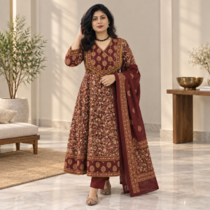 Handblock Printed Cotton Anarkali Suit Set