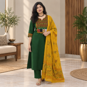 Cotton Suit Set with Mirror Work Yoke