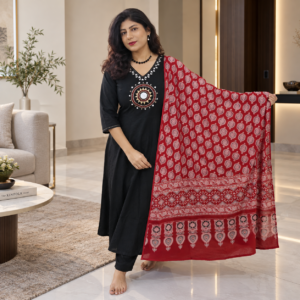 Black Anarkali Suit Set with Real Mirror Work & Printed Dupatta