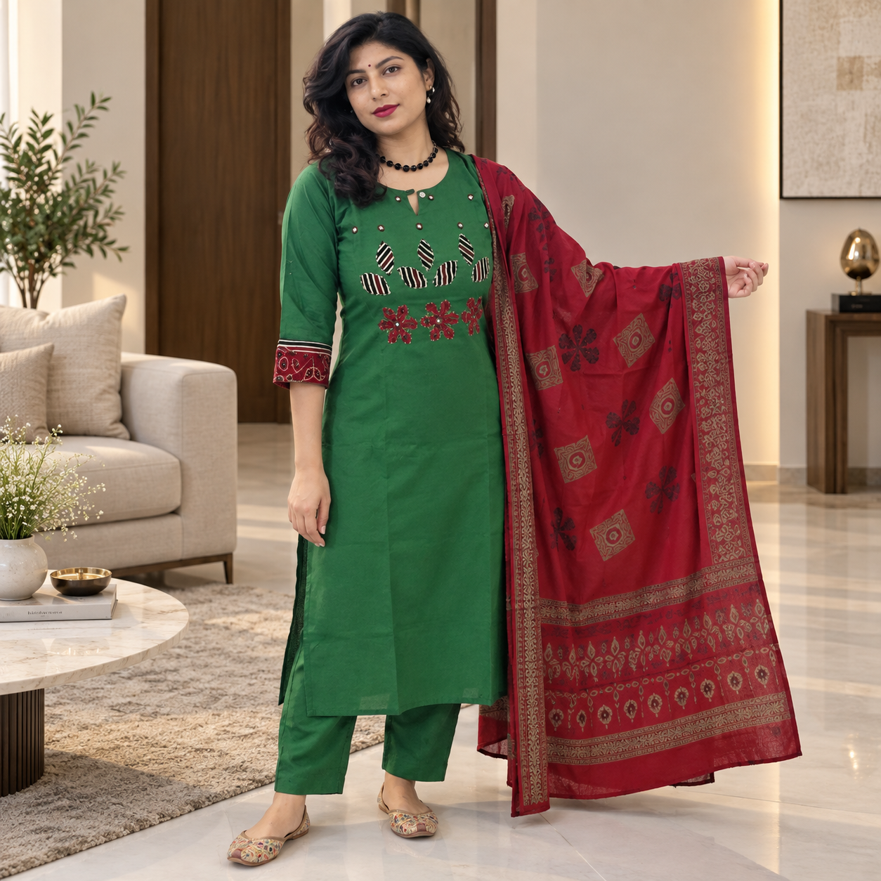 Pure Cotton Salwar Suit Set with Leaf Patch Work & Printed Cotton Dupatta