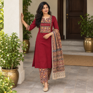 Pure Cotton Suit Set with Kalamkari Dupatta
