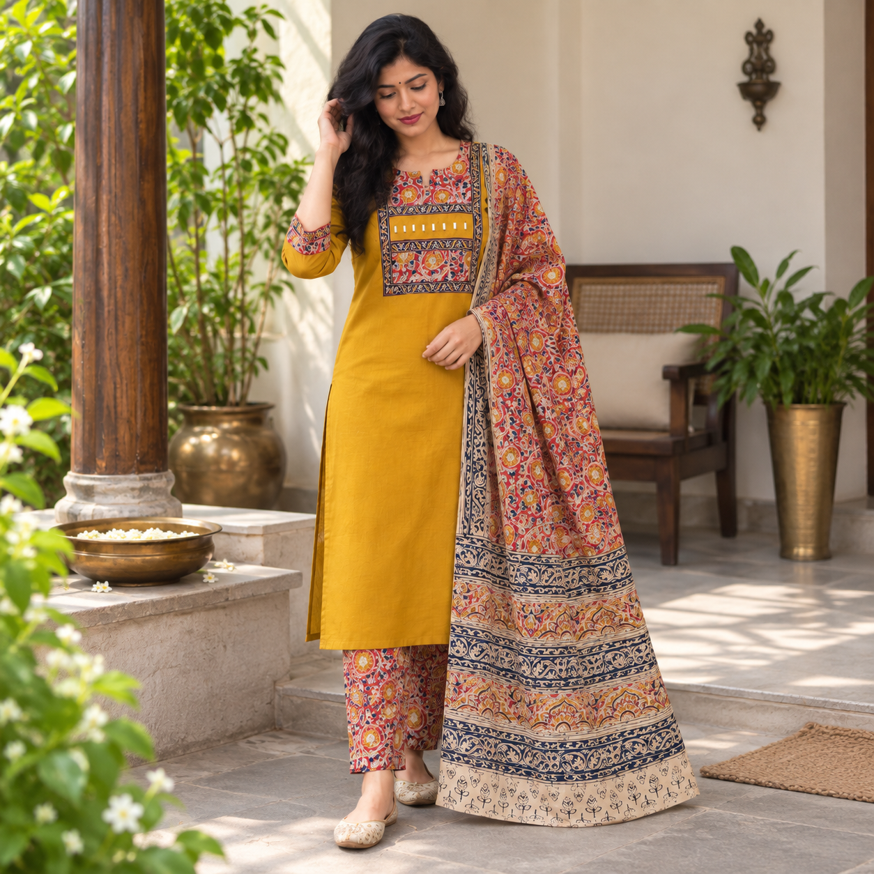 yellow Cotton Suit Set with Kalamkari Dupatta