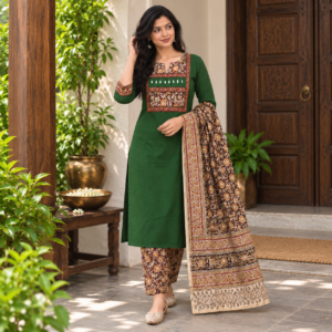Dark Green Cotton Suit Set with Kalamkari Dupatta