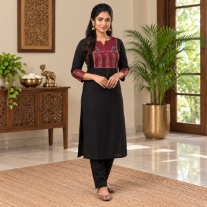 Black Cotton Suit Set with Mirror Work Yoke