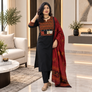 Cotton Suit Set with Mirror Work Yoke