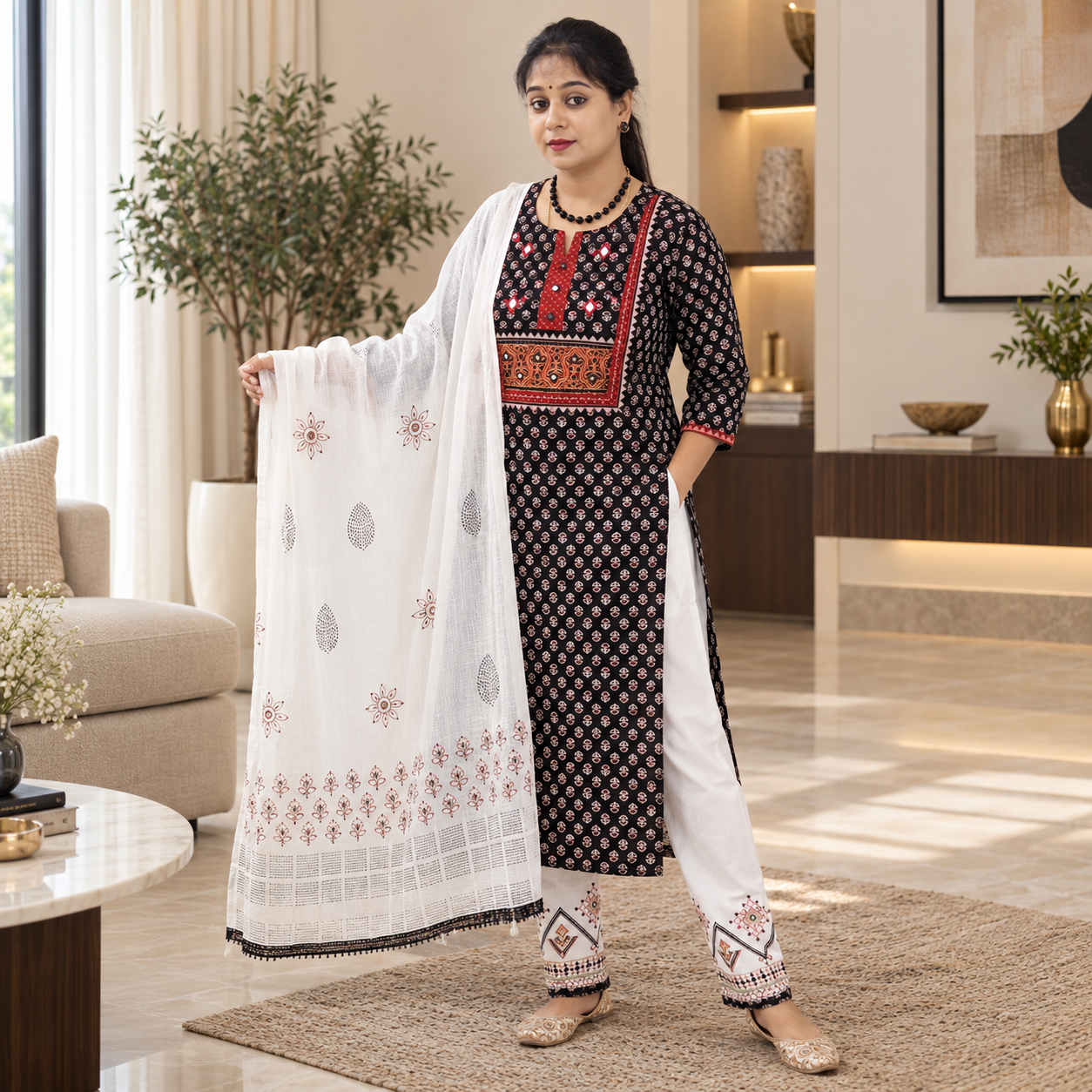 Elegant black cotton suit with kota dupatta