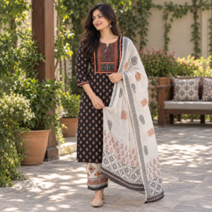 Elegant black cotton suit with kota dupatta