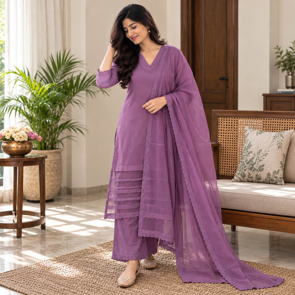 Muslin Silk Suit Set with Organza Detailing