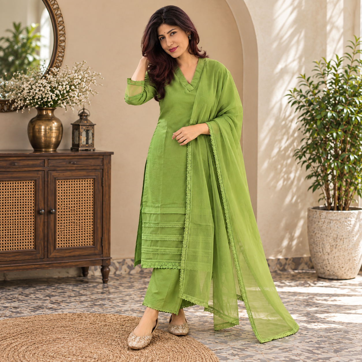 Muslin Silk Suit Set with Organza Detailing