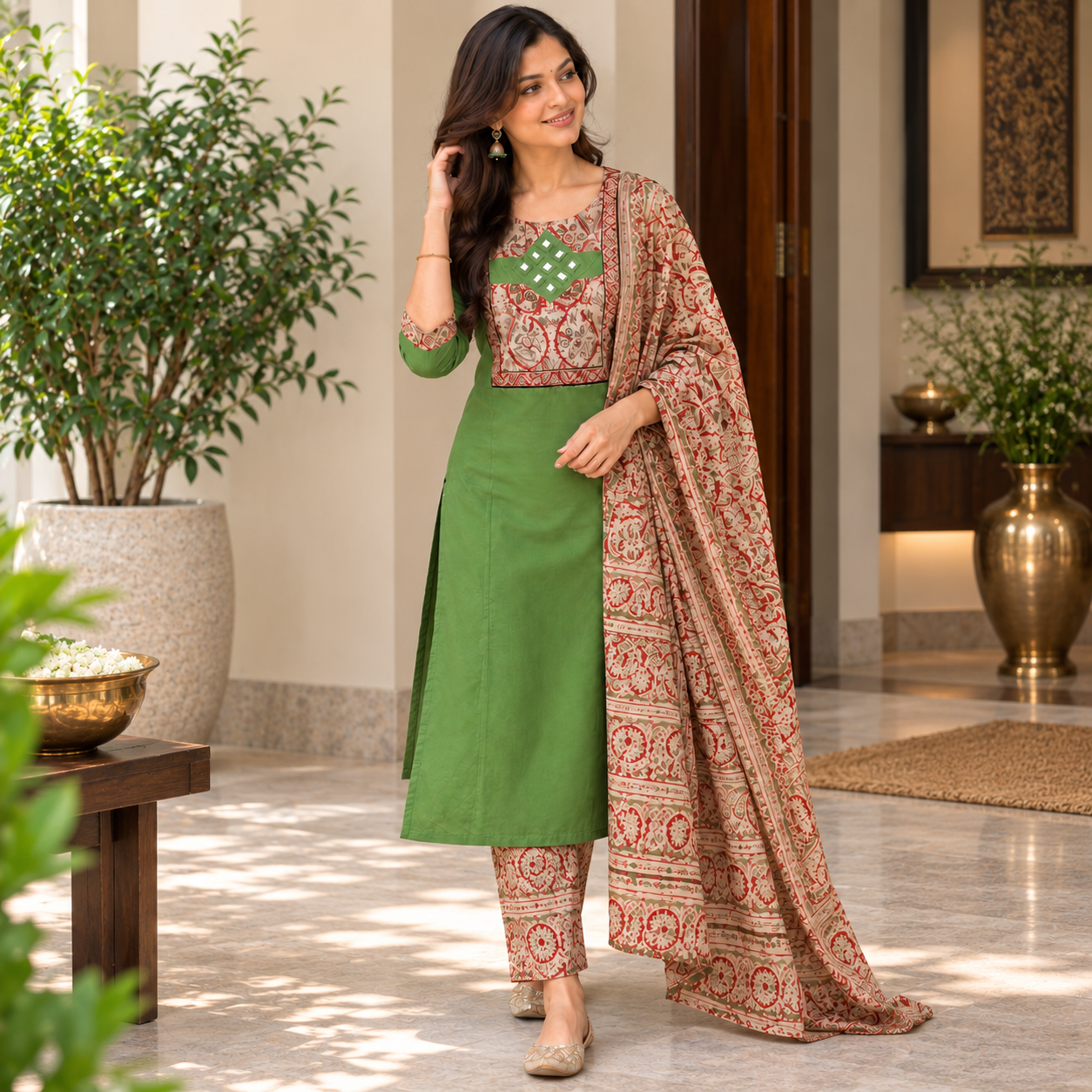 Green Cotton Suit Set with Kalamkari Dupatta