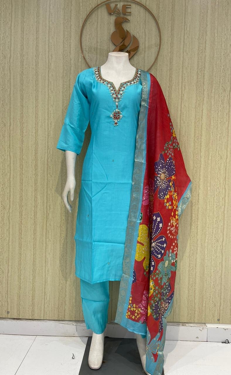 Roman Silk Embroidered Kurta Set with Floral Dupatta - Image 2