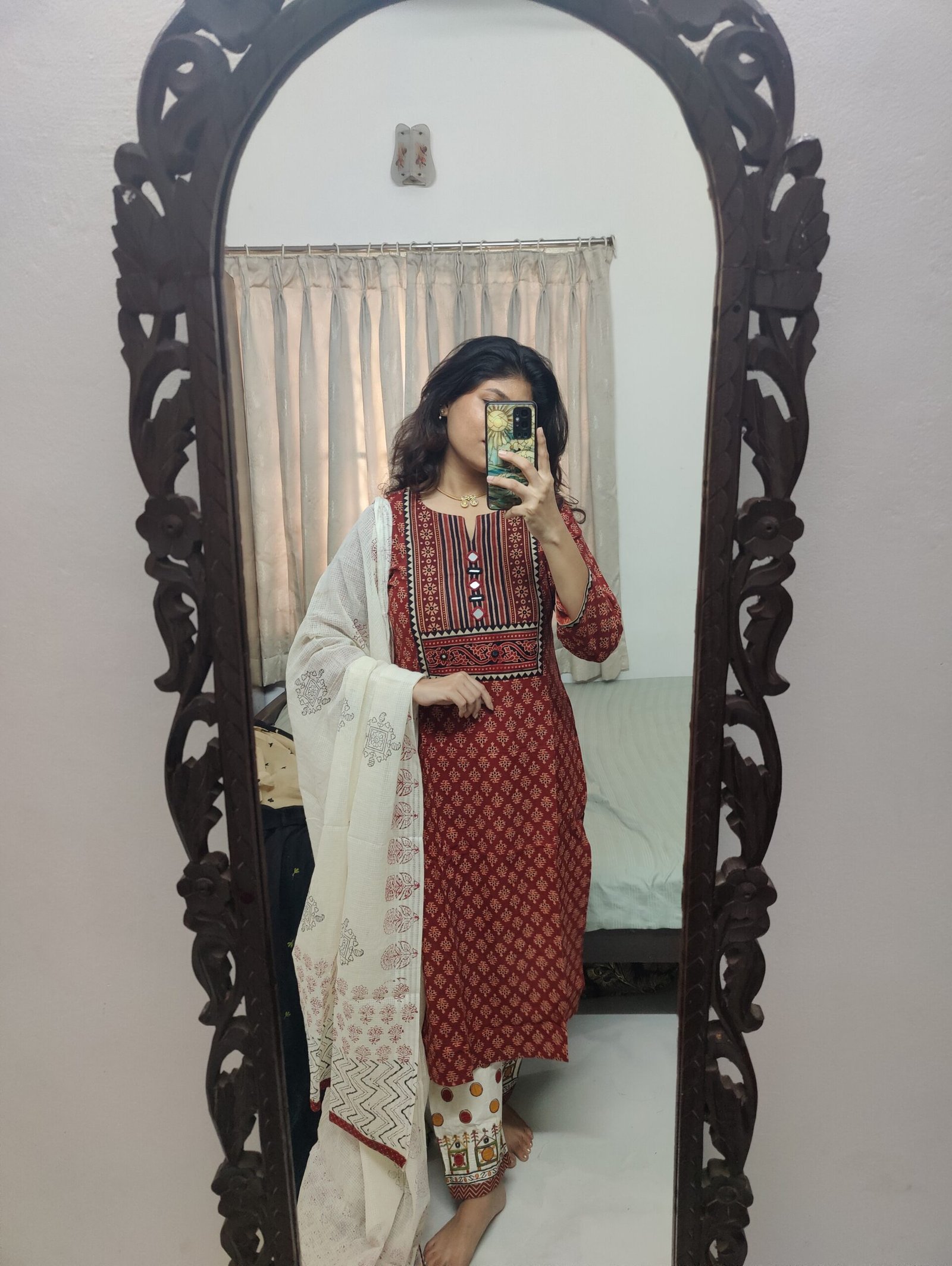 Maroon Cotton Suit Set with Mirror Work - Image 2