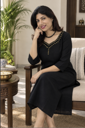 Elegant Black Semi-Silk Handworked Kurta - Image 2