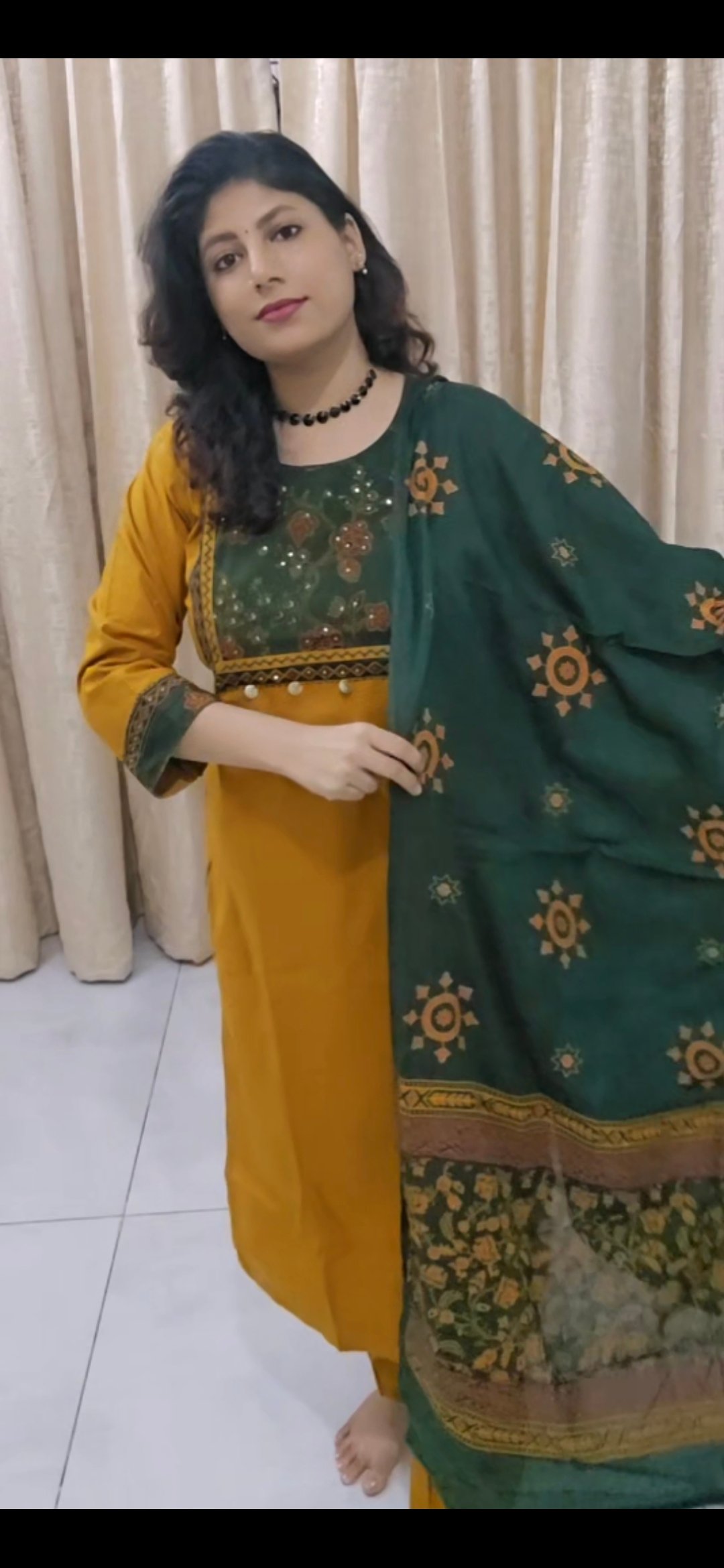 Mustard Cotton Suit Set with Printed Dupatta - Image 2
