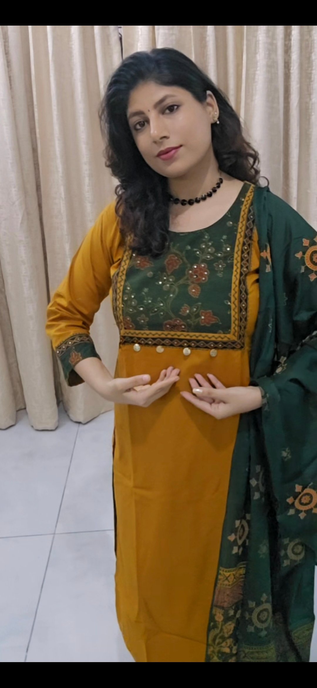 Mustard Cotton Suit Set with Printed Dupatta - Image 4