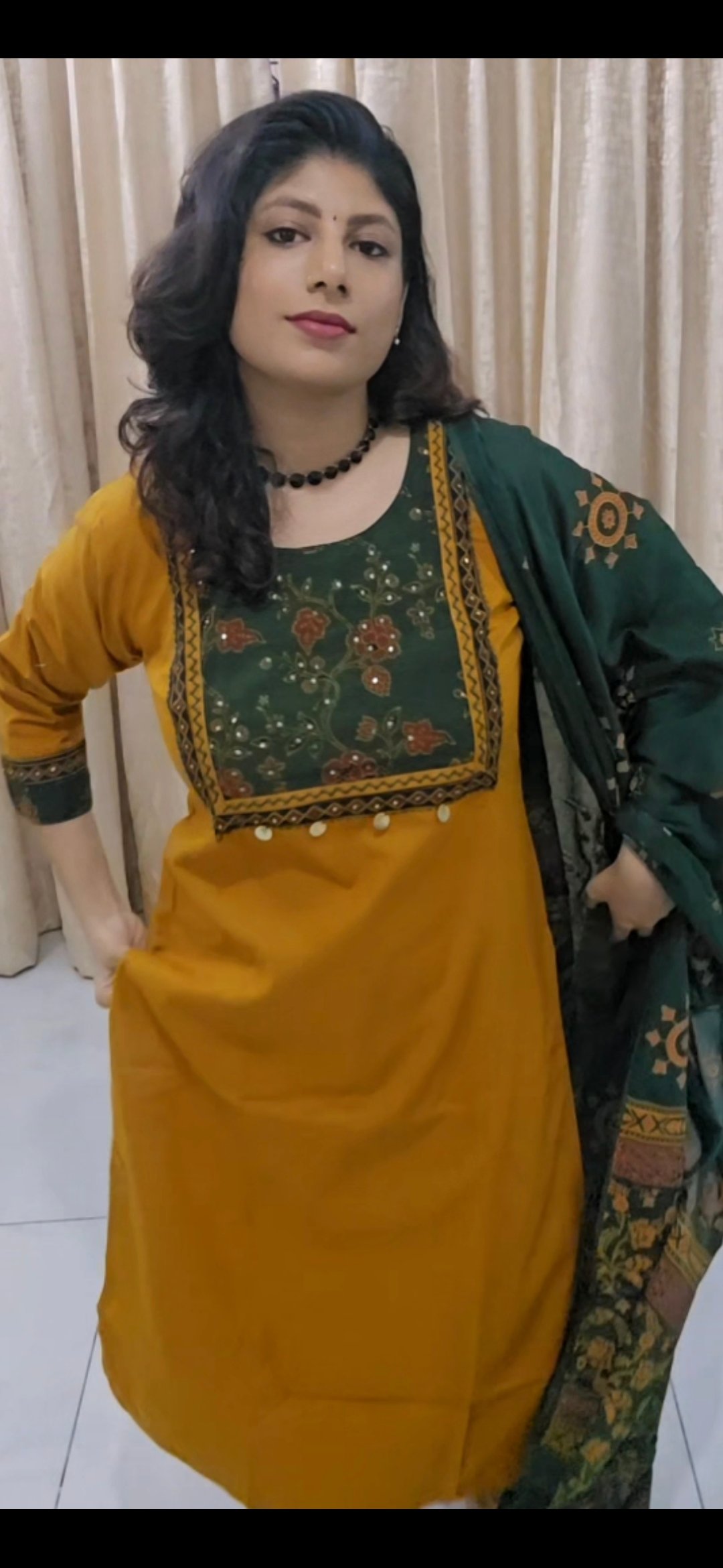 Mustard Cotton Suit Set with Printed Dupatta - Image 3