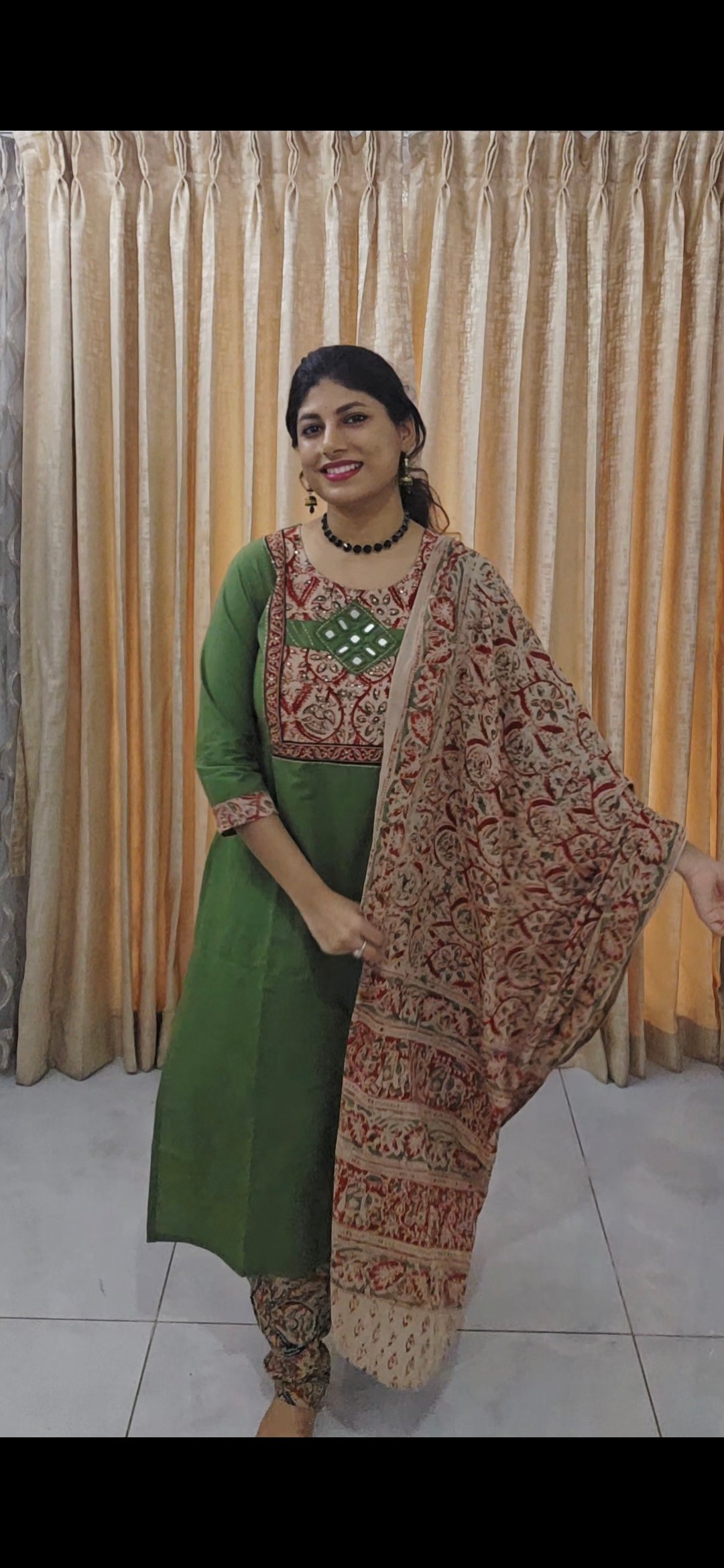 Green Cotton Suit Set with Kalamkari Dupatta - Image 5