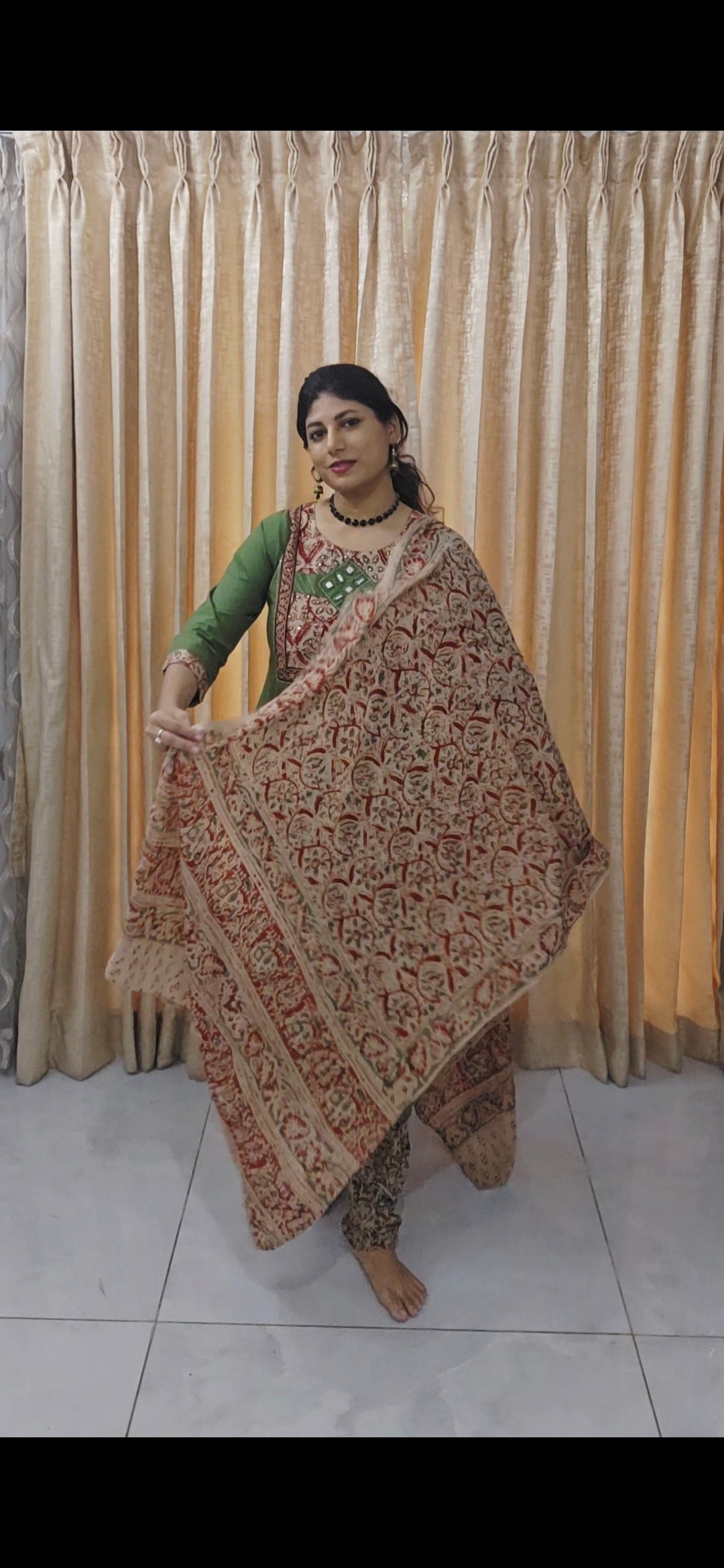 Green Cotton Suit Set with Kalamkari Dupatta - Image 6