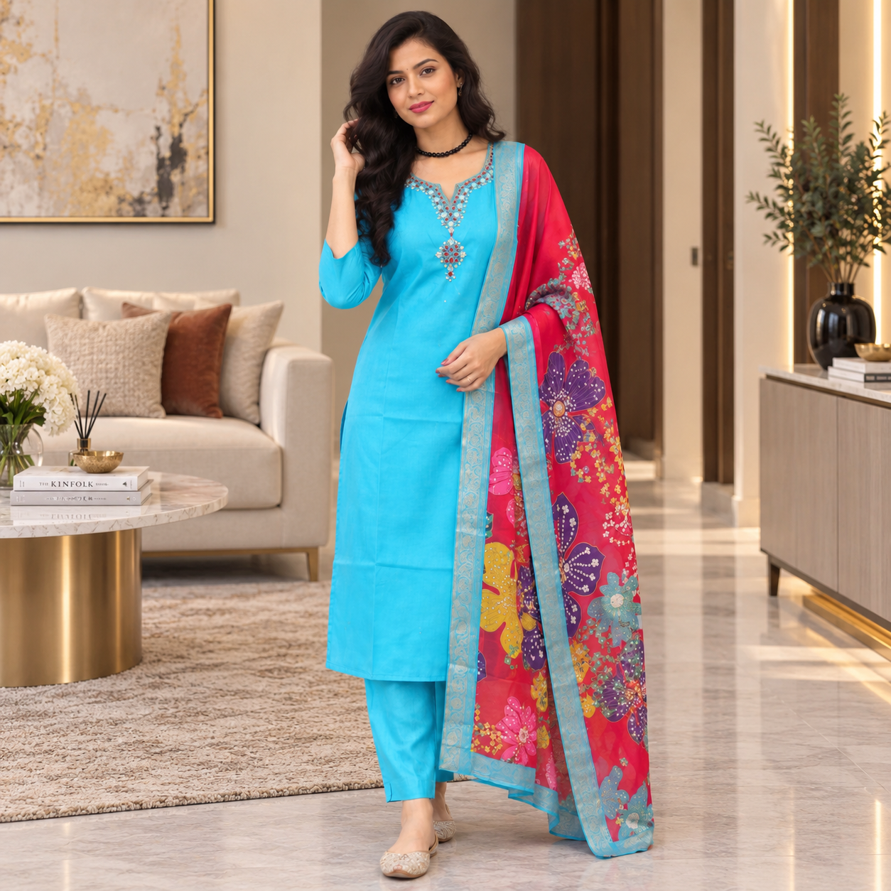 Roman Silk Embroidered Kurta Set with Floral Dupatta