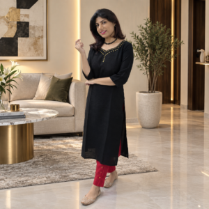 Elegant Black Semi-Silk Handworked Kurta