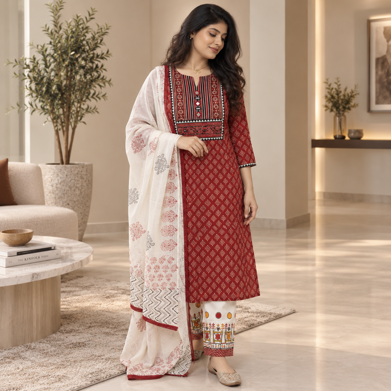 Maroon Cotton Suit Set with Mirror Work