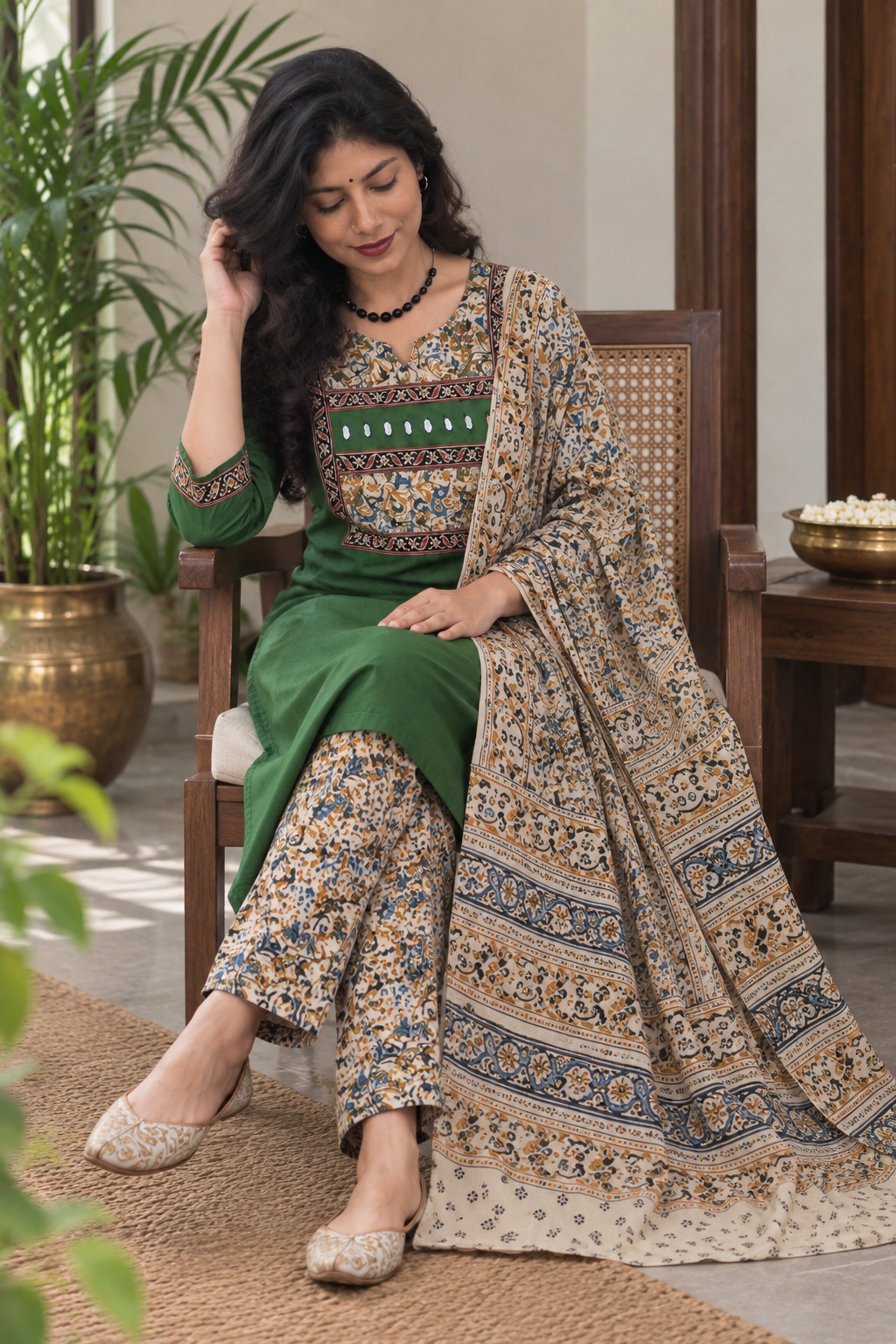 Kalamkaari Cotton Suit Set with Kalamkari Dupatta - Image 2
