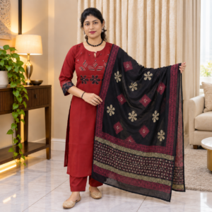 Maroon Cotton Appliqué Work Suit Set
