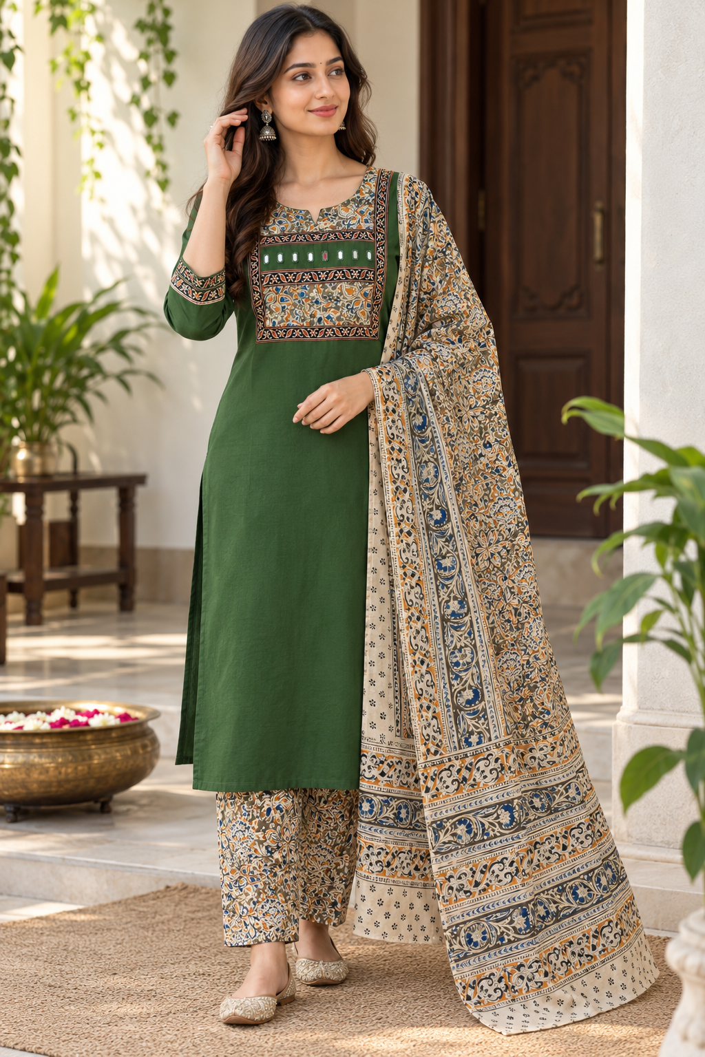Kalamkaari Cotton Suit Set with Kalamkari Dupatta - Image 5