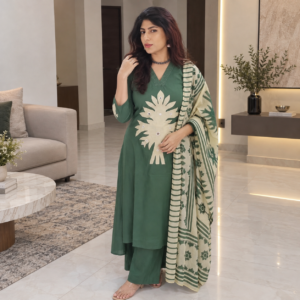 Green Pure Cotton Appliqué Suit Set