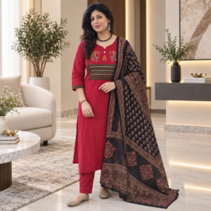 Traditional Dhabhu Cotton Salwar Suit Set with Ajrakh-Inspired Cotton Dupatta