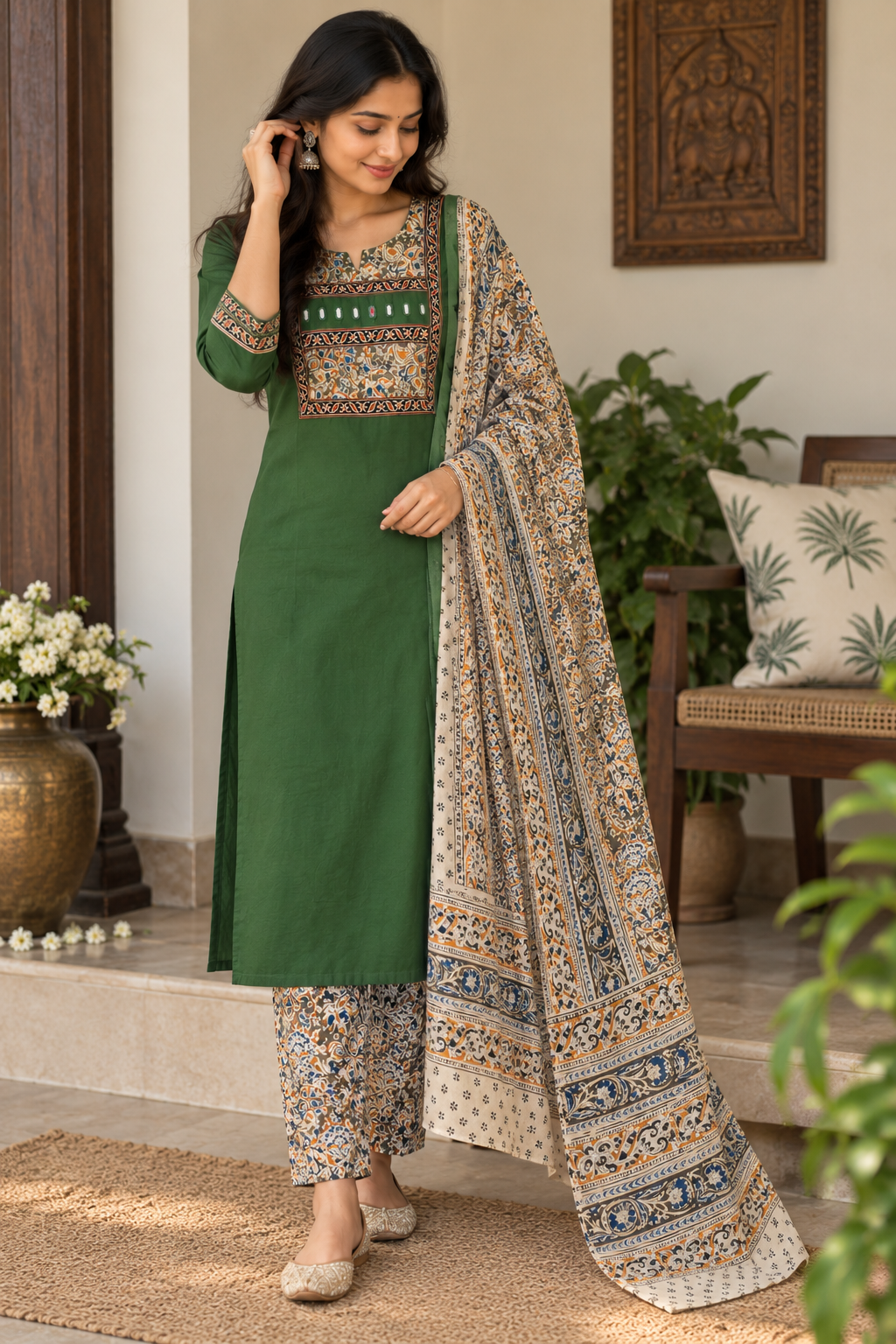 Kalamkaari Cotton Suit Set with Kalamkari Dupatta - Image 3