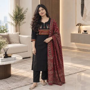 Pure Cotton Kurta Pant Set with Contrast Dupatta