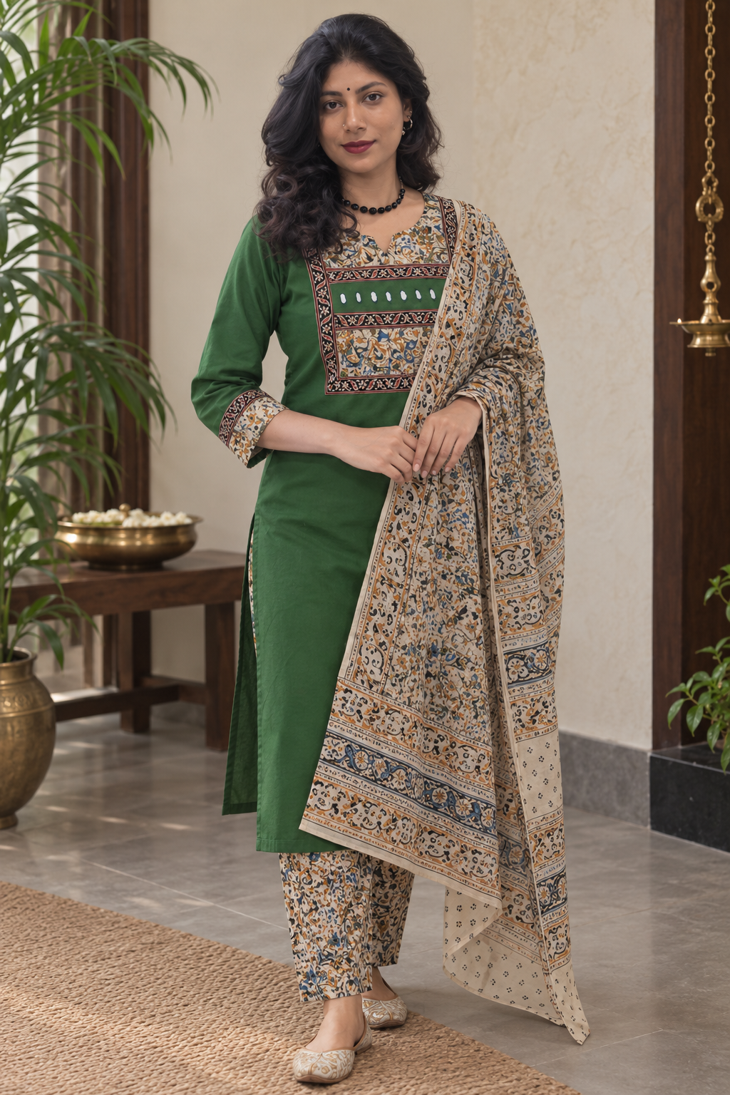Kalamkaari Cotton Suit Set with Kalamkari Dupatta - Image 4
