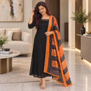 Black Georgette Salwar Kameez Set with Printed Dupatta
