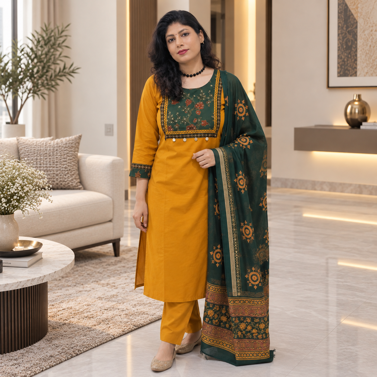 Mustard Cotton Suit Set with Printed Dupatta