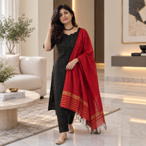 Raw Silk Kurta Set with Scallop Neckline