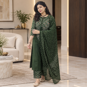 Dark Green Bandhani Cotton Suit Set