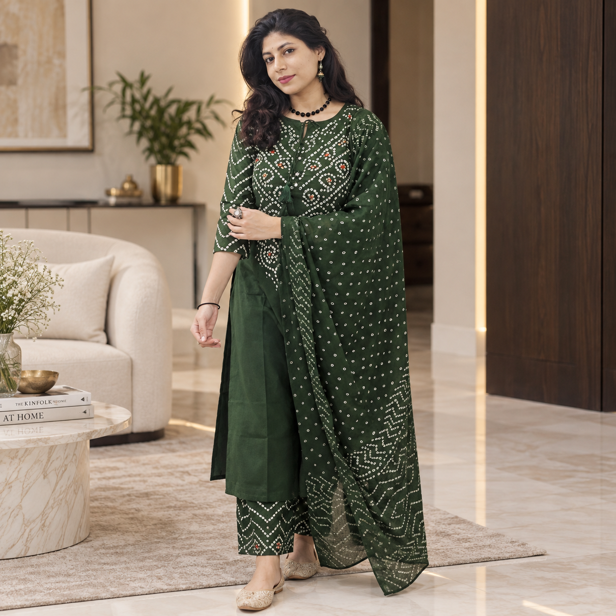 Dark Green Bandhani Cotton Suit Set