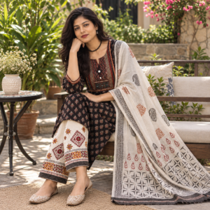 Elegant black cotton suit with kota dupatta
